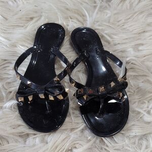 Black Open-Toe Sandals with Thin Straps and Gold Studs